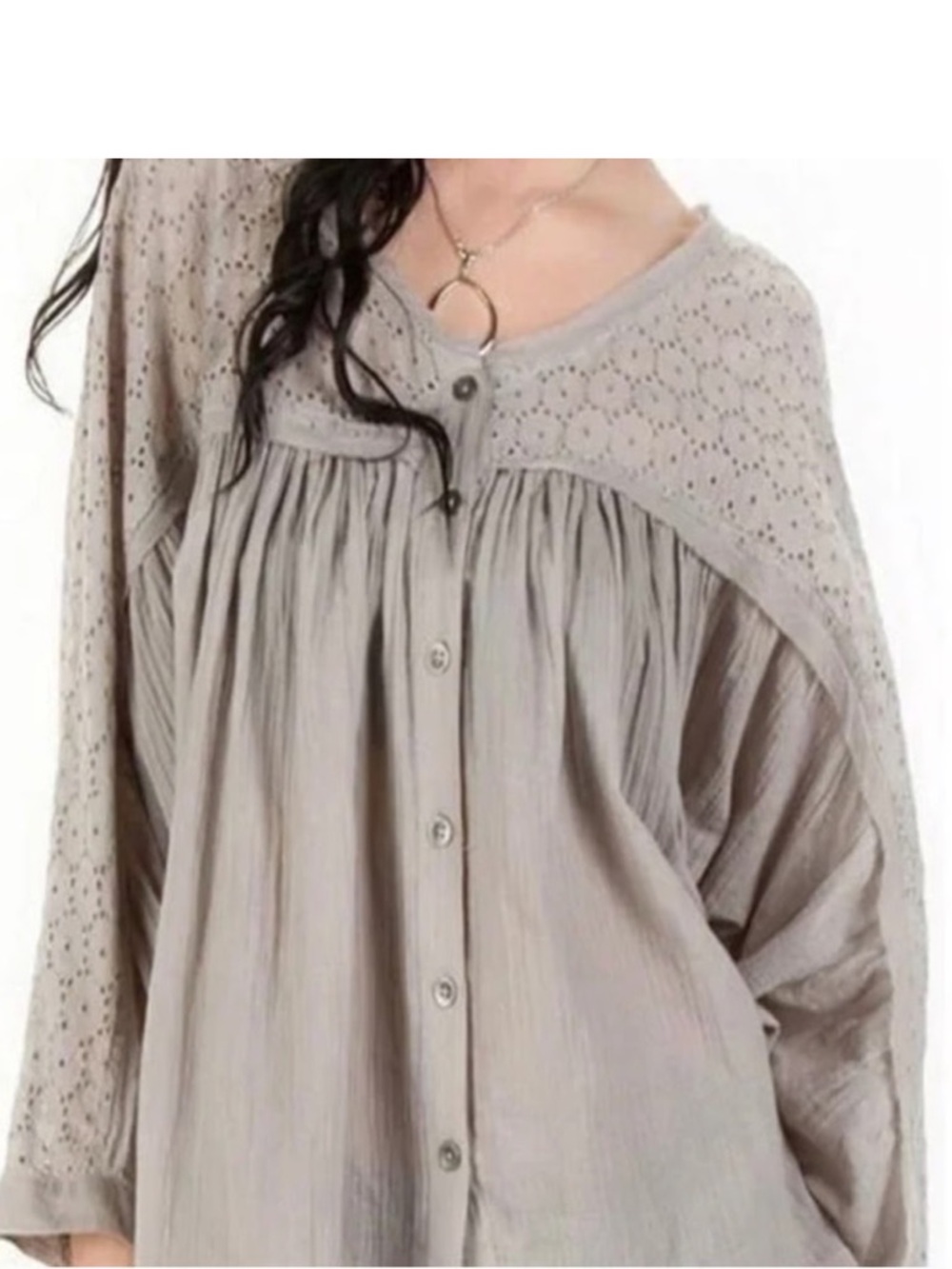 Free People Taupe Eyelet Yoke Button-Down Blouse size Large